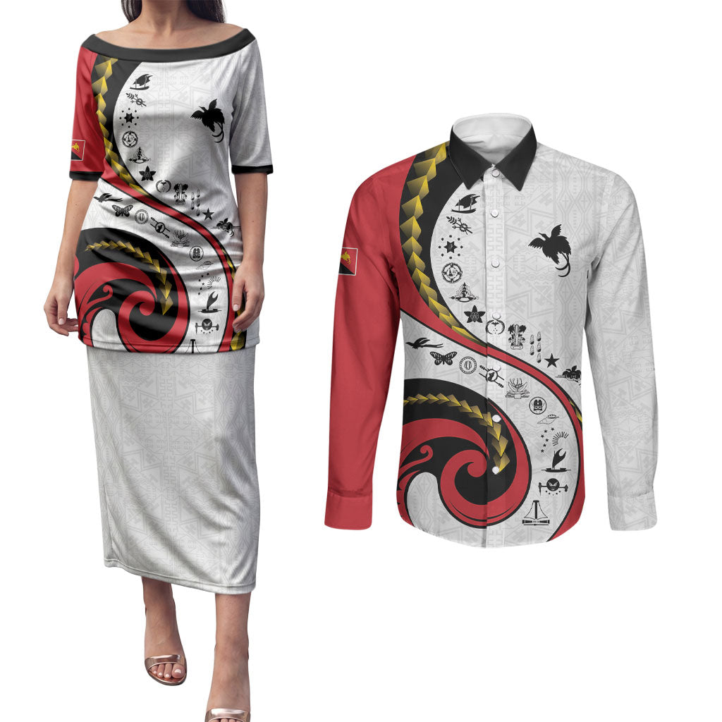 Papua New Guinea Independence Couples Matching Puletasi and Long Sleeve Button Shirt Special Style White Version LT05 White - Polynesian Pride