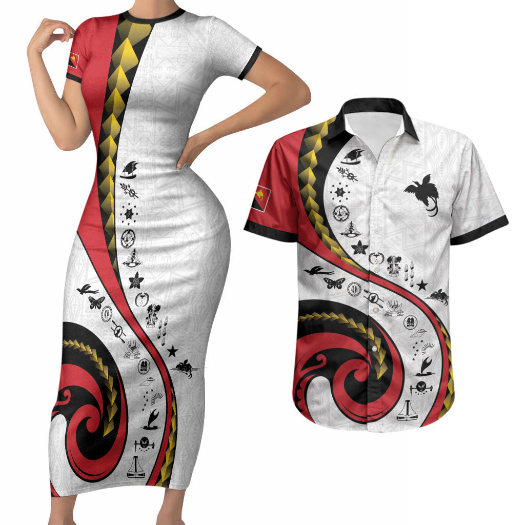 Papua New Guinea Independence Couples Matching Short Sleeve Bodycon Dress and Hawaiian Shirt Special Style White Version LT05 White - Polynesian Pride