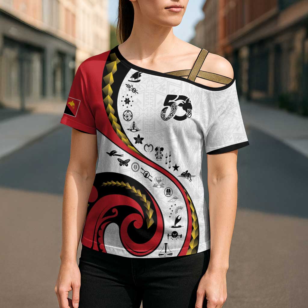 Papua New Guinea 50th Independence Anniversary Cross Shoulder Shirt Special Style White Version - Polynesian Pride
