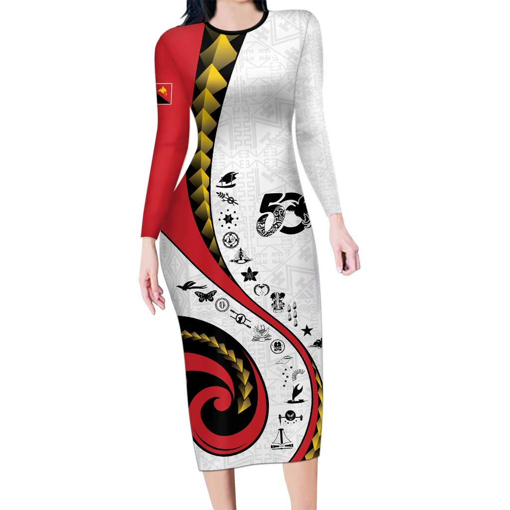 Papua New Guinea 50th Independence Anniversary Family Matching Long Sleeve Bodycon Dress and Hawaiian Shirt Special Style White Version - Polynesian Pride
