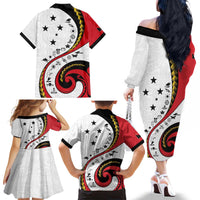 Papua New Guinea 50th Independence Anniversary Family Matching Off The Shoulder Long Sleeve Dress and Hawaiian Shirt Special Style White Version - Polynesian Pride