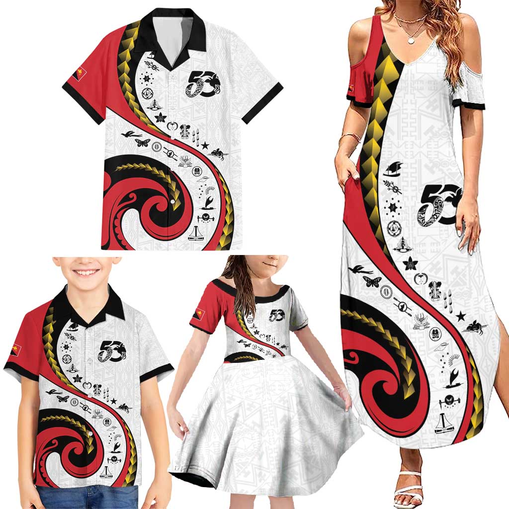 Papua New Guinea 50th Independence Anniversary Family Matching Summer Maxi Dress and Hawaiian Shirt Special Style White Version - Polynesian Pride