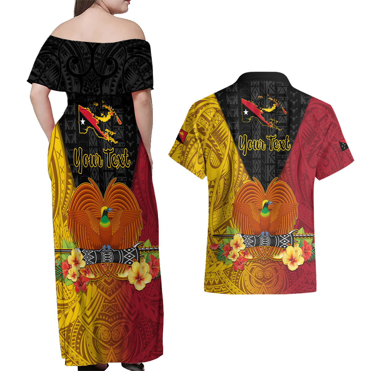 Personalized Papua New Guinea Independence Day Couples Matching Off Shoulder Maxi Dress and Hawaiian Shirt Bird Of Paradise With Polynesian Pattern LT05 - Polynesian Pride