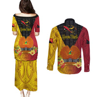 Personalized Papua New Guinea Independence Day Couples Matching Puletasi Dress and Long Sleeve Button Shirts Bird Of Paradise With Polynesian Pattern LT05 - Polynesian Pride