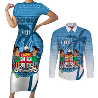 Personalized Fiji Couples Matching Short Sleeve Bodycon Dress and Long Sleeve Button Shirts Coat Of Arms Tagimoucia With Fijian Tapa Pattern LT05 Blue - Polynesian Pride