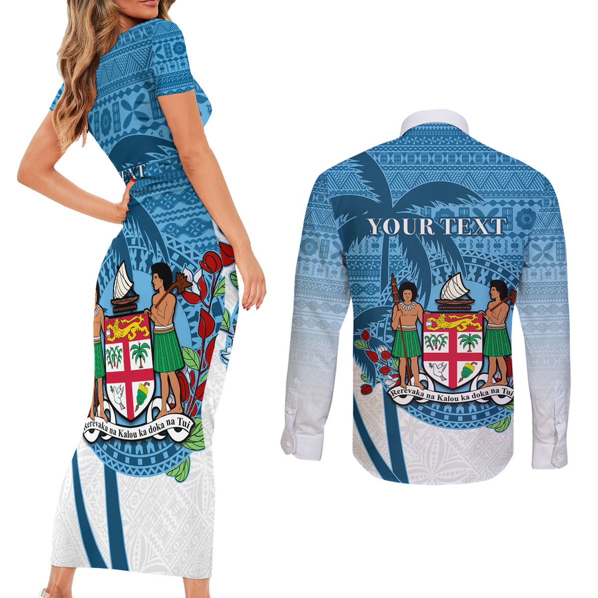 Personalized Fiji Couples Matching Short Sleeve Bodycon Dress and Long Sleeve Button Shirts Coat Of Arms Tagimoucia With Fijian Tapa Pattern LT05 - Polynesian Pride