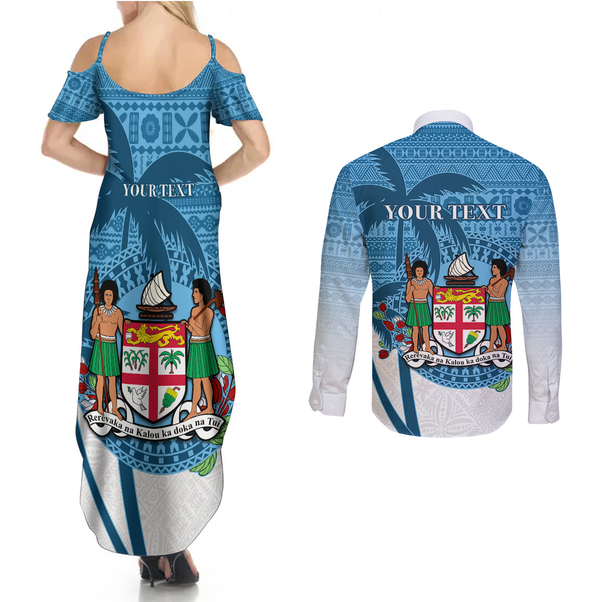 Personalized Fiji Couples Matching Summer Maxi Dress and Long Sleeve Button Shirts Coat Of Arms Tagimoucia With Fijian Tapa Pattern LT05 - Polynesian Pride