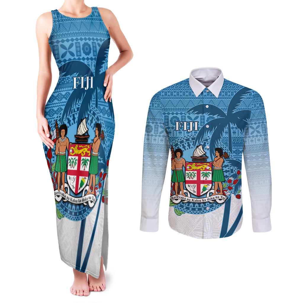 Personalized Fiji Couples Matching Tank Maxi Dress and Long Sleeve Button Shirts Coat Of Arms Tagimoucia With Fijian Tapa Pattern LT05 Blue - Polynesian Pride