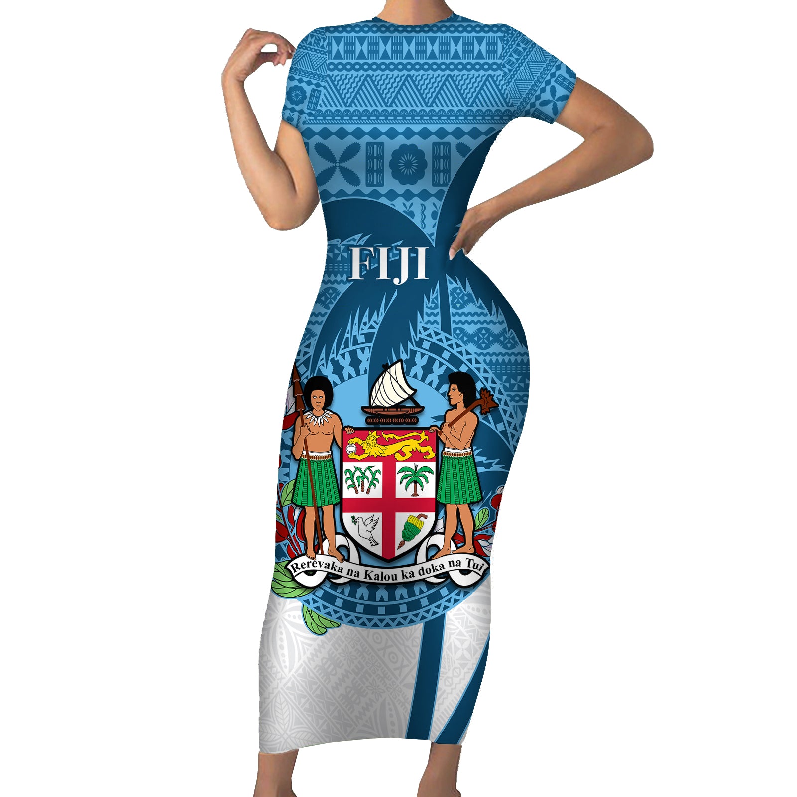 Personalized Fiji Short Sleeve Bodycon Dress Coat Of Arms Tagimoucia With Fijian Tapa Pattern LT05 Long Dress Blue - Polynesian Pride