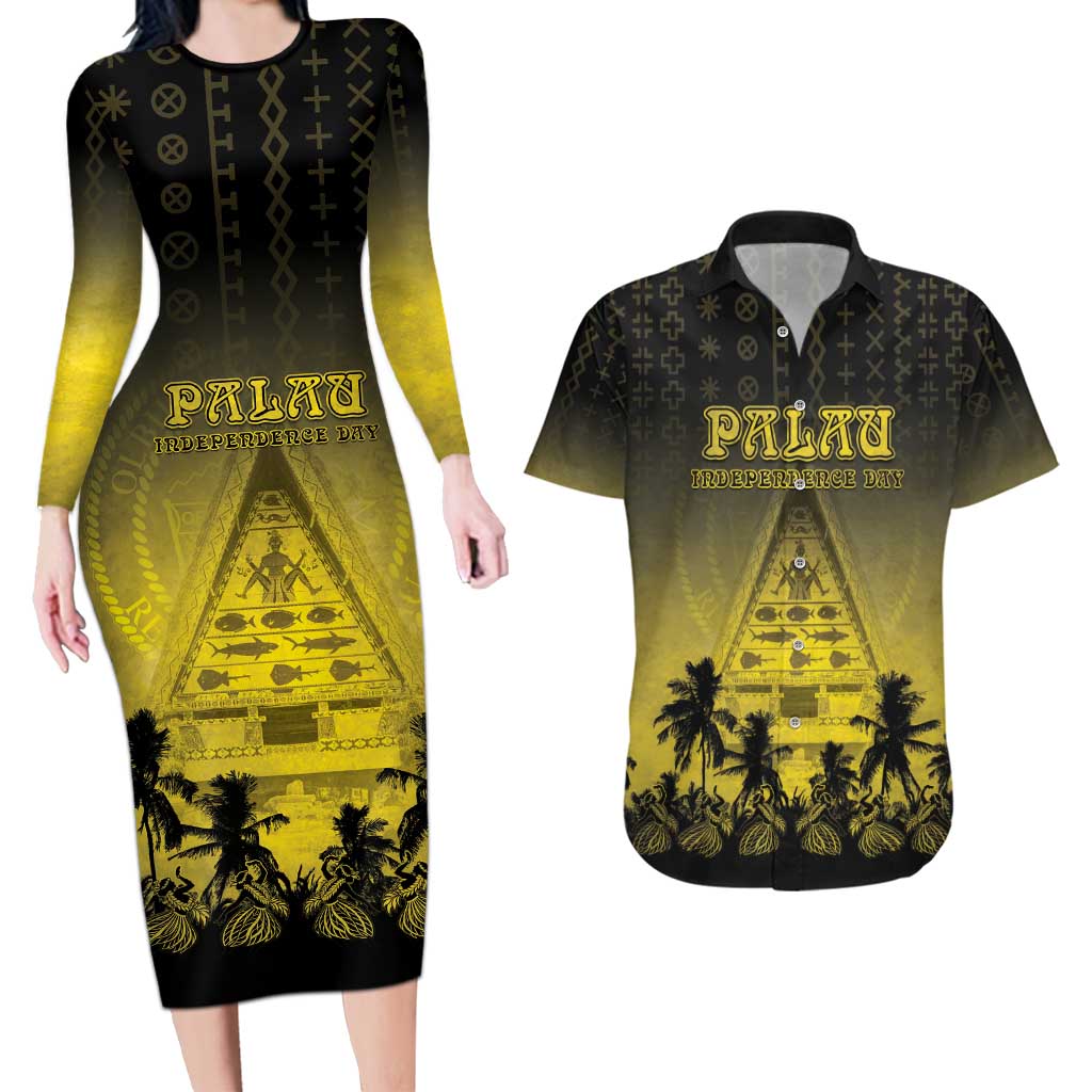 Personalised Palau Independence Day Couples Matching Long Sleeve Bodycon Dress and Hawaiian Shirt Palauan Tattoo Pattern - Polynesian Pride