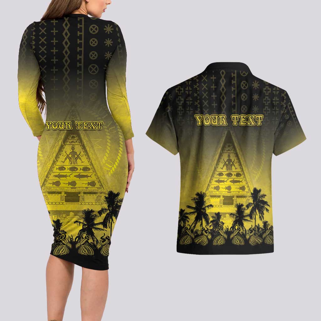 Personalised Palau Independence Day Couples Matching Long Sleeve Bodycon Dress and Hawaiian Shirt Palauan Tattoo Pattern - Polynesian Pride