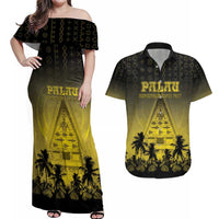 Personalised Palau Independence Day Couples Matching Off Shoulder Maxi Dress and Hawaiian Shirt Palauan Tattoo Pattern - Polynesian Pride