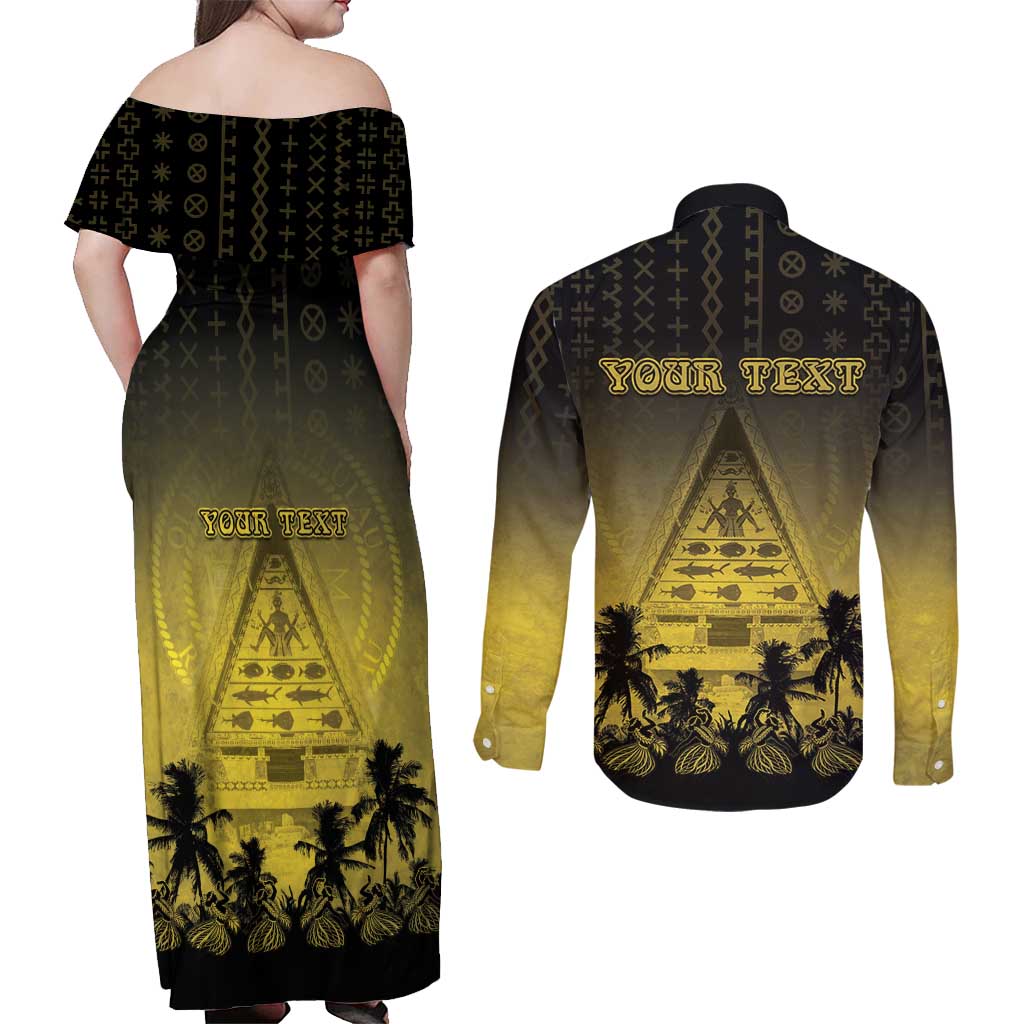 Personalised Palau Independence Day Couples Matching Off Shoulder Maxi Dress and Long Sleeve Button Shirt Palauan Tattoo Pattern - Polynesian Pride