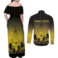 Personalised Palau Independence Day Couples Matching Off Shoulder Maxi Dress and Long Sleeve Button Shirt Palauan Tattoo Pattern - Polynesian Pride