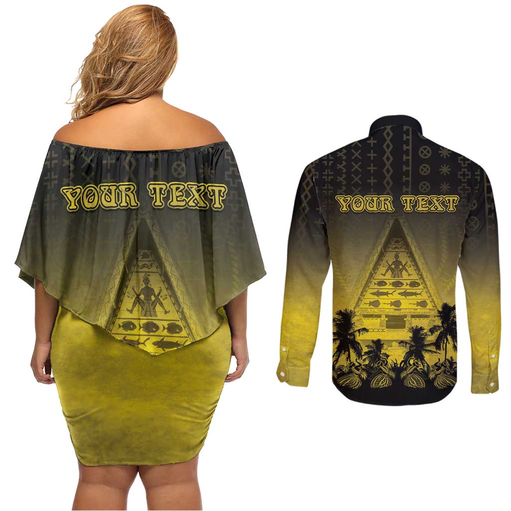 Personalised Palau Independence Day Couples Matching Off Shoulder Short Dress and Long Sleeve Button Shirt Palauan Tattoo Pattern - Polynesian Pride