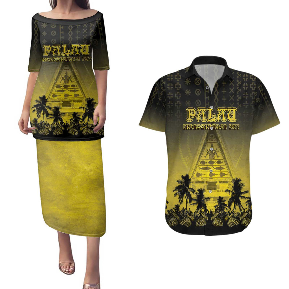 Personalised Palau Independence Day Couples Matching Puletasi and Hawaiian Shirt Palauan Tattoo Pattern - Polynesian Pride