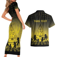 Personalised Palau Independence Day Couples Matching Short Sleeve Bodycon Dress and Hawaiian Shirt Palauan Tattoo Pattern - Polynesian Pride