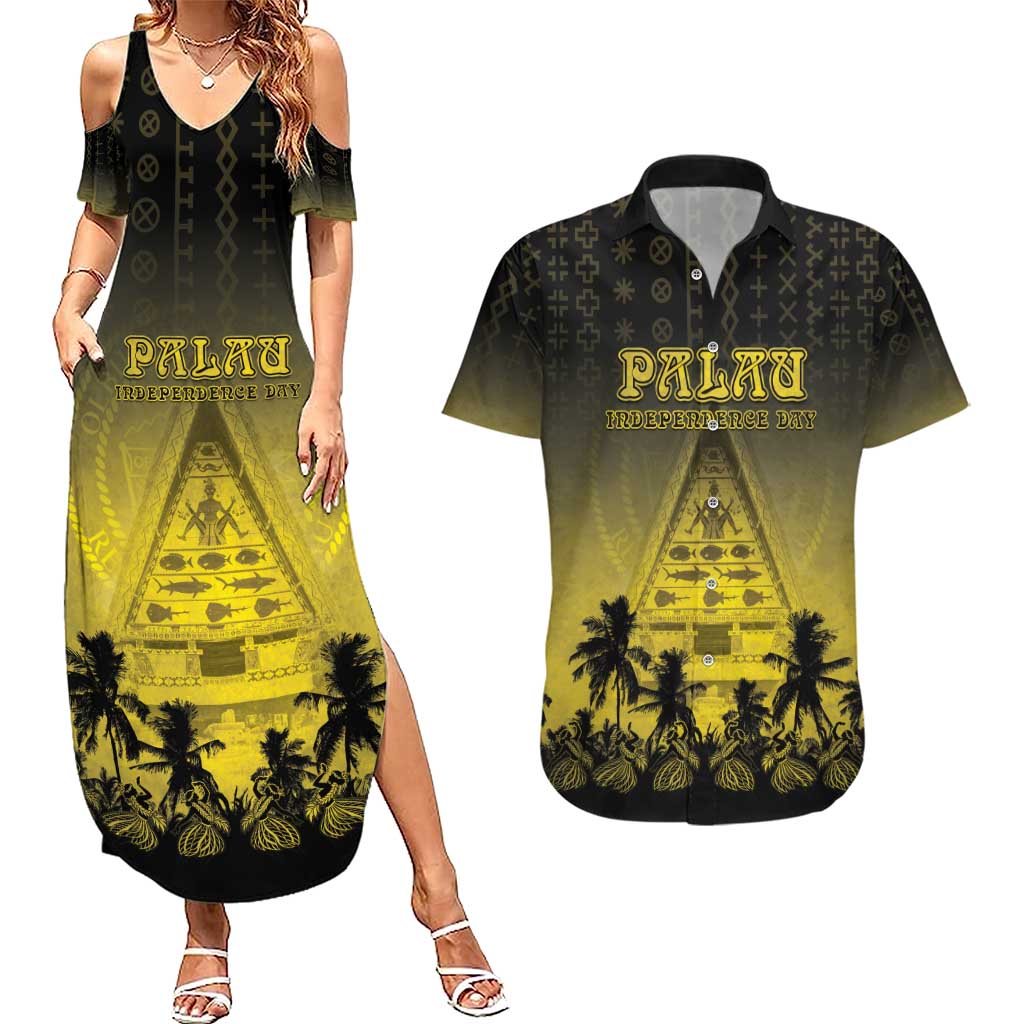 Personalised Palau Independence Day Couples Matching Summer Maxi Dress and Hawaiian Shirt Palauan Tattoo Pattern - Polynesian Pride