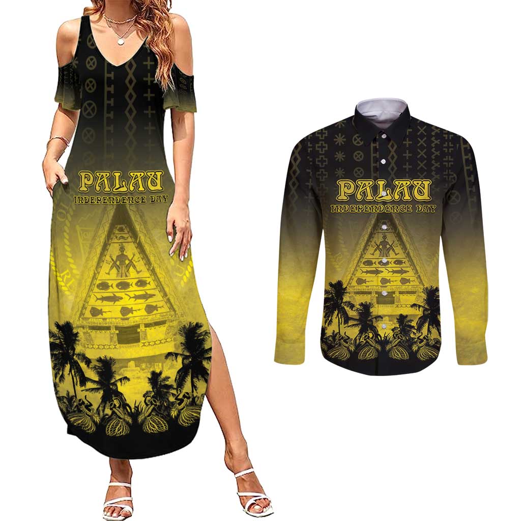 Personalised Palau Independence Day Couples Matching Summer Maxi Dress and Long Sleeve Button Shirt Palauan Tattoo Pattern - Polynesian Pride