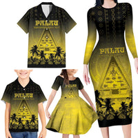 Personalised Palau Independence Day Family Matching Long Sleeve Bodycon Dress and Hawaiian Shirt Palauan Tattoo Pattern - Polynesian Pride