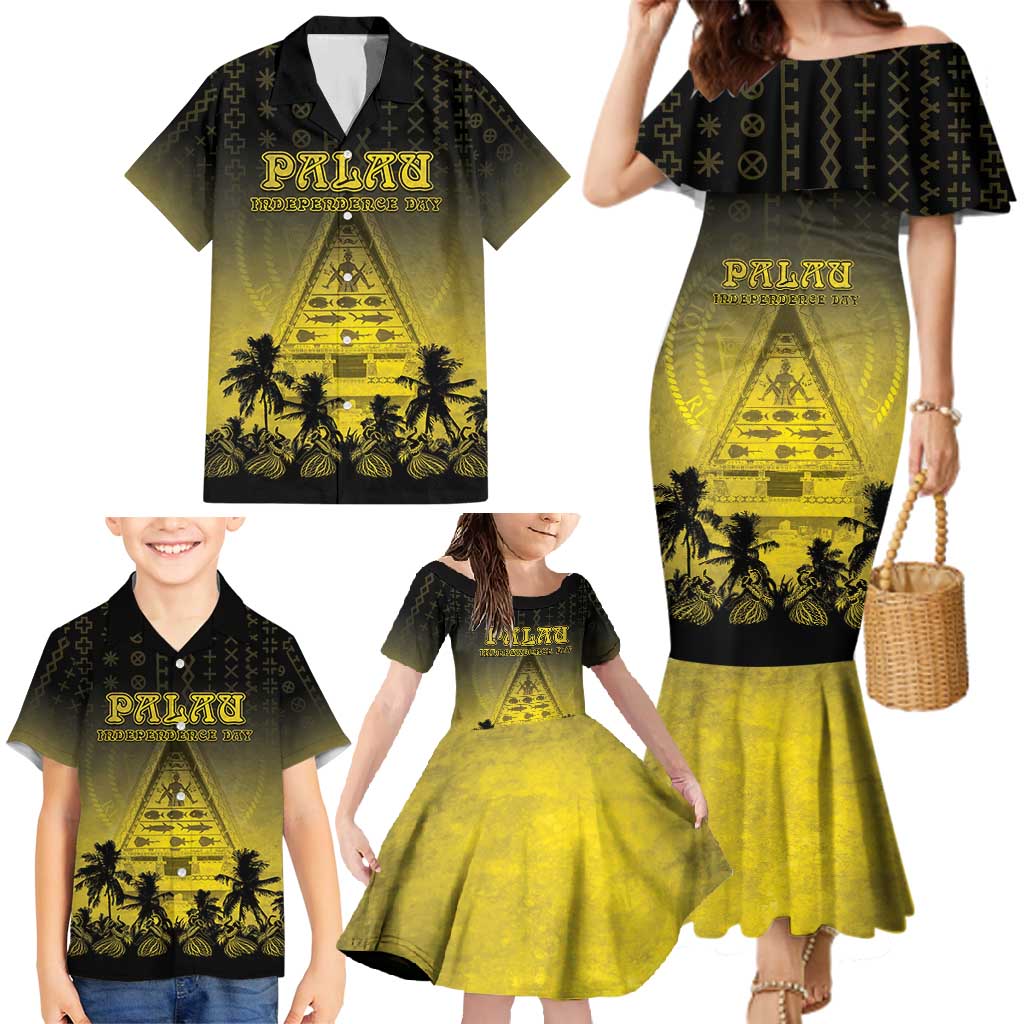 Personalised Palau Independence Day Family Matching Mermaid Dress and Hawaiian Shirt Palauan Tattoo Pattern - Polynesian Pride