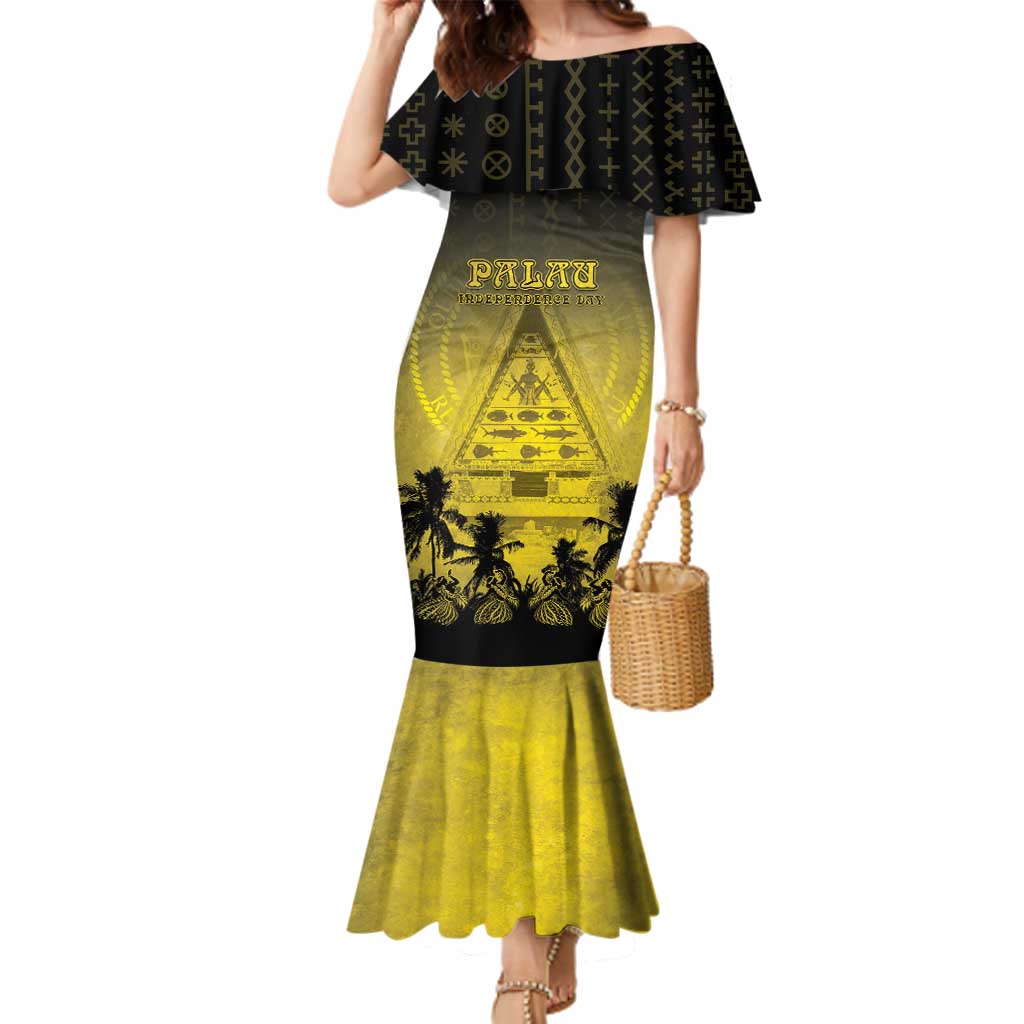 Personalised Palau Independence Day Family Matching Mermaid Dress and Hawaiian Shirt Palauan Tattoo Pattern - Polynesian Pride