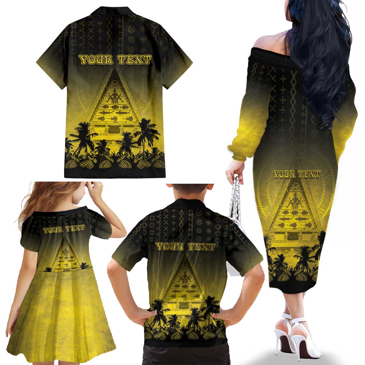 Personalised Palau Independence Day Family Matching Off The Shoulder Long Sleeve Dress and Hawaiian Shirt Palauan Tattoo Pattern - Polynesian Pride