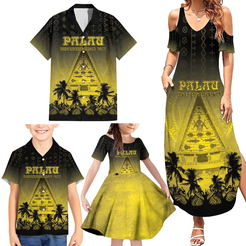 Personalised Palau Independence Day Family Matching Summer Maxi Dress and Hawaiian Shirt Palauan Tattoo Pattern - Polynesian Pride