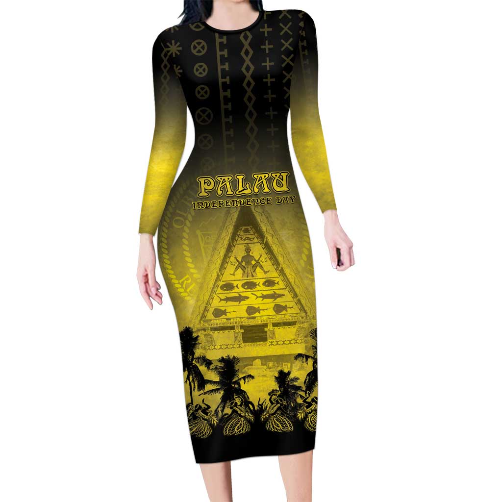 Personalised Palau Independence Day Long Sleeve Bodycon Dress Palauan Tattoo Pattern - Polynesian Pride