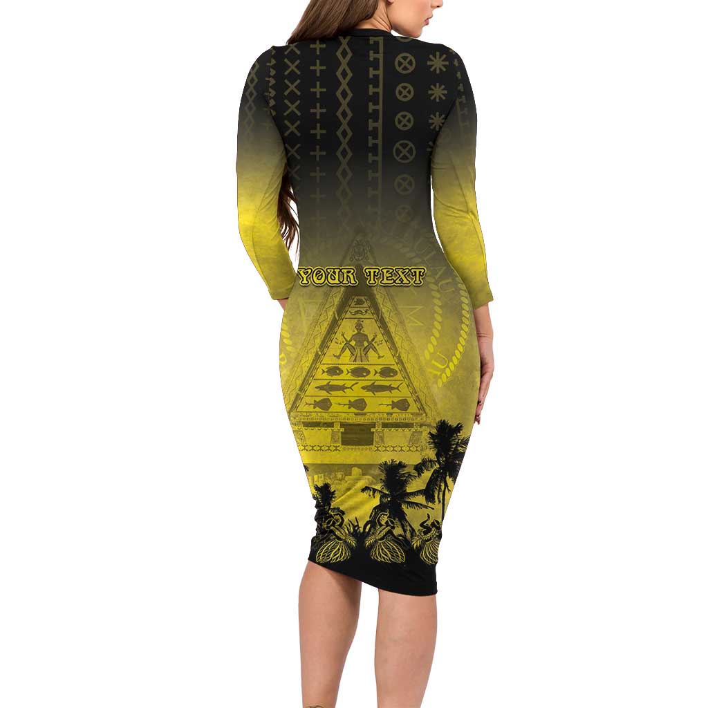 Personalised Palau Independence Day Long Sleeve Bodycon Dress Palauan Tattoo Pattern - Polynesian Pride