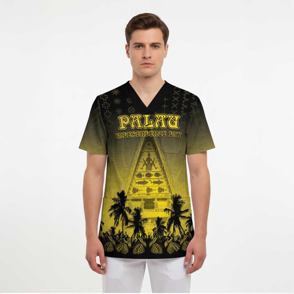 Personalised Palau Independence Day Scrub Top Palauan Tattoo Pattern - Polynesian Pride