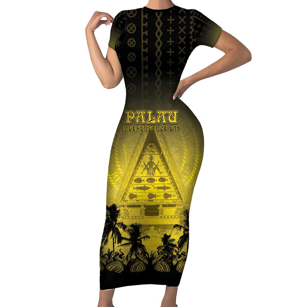 Personalised Palau Independence Day Short Sleeve Bodycon Dress Palauan Tattoo Pattern - Polynesian Pride
