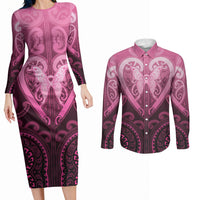 Aotearoa Breast Cancer Couples Matching Long Sleeve Bodycon Dress and Long Sleeve Button Shirt Maori Tribal Pattern