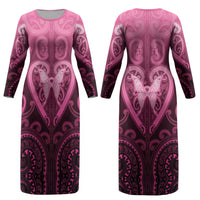 Aotearoa Breast Cancer Couples Matching Long Sleeve Bodycon Dress and Long Sleeve Button Shirt Maori Tribal Pattern