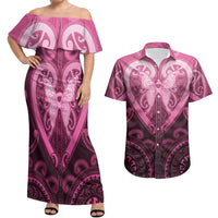 Aotearoa Breast Cancer Couples Matching Off Shoulder Maxi Dress and Hawaiian Shirt Maori Tribal Pattern