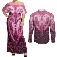 Aotearoa Breast Cancer Couples Matching Off Shoulder Maxi Dress and Long Sleeve Button Shirt Maori Tribal Pattern