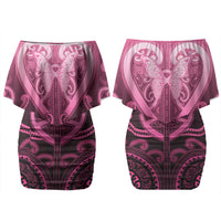 Aotearoa Breast Cancer Couples Matching Off Shoulder Short Dress and Hawaiian Shirt Maori Tribal Pattern