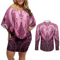 Aotearoa Breast Cancer Couples Matching Off Shoulder Short Dress and Long Sleeve Button Shirt Maori Tribal Pattern