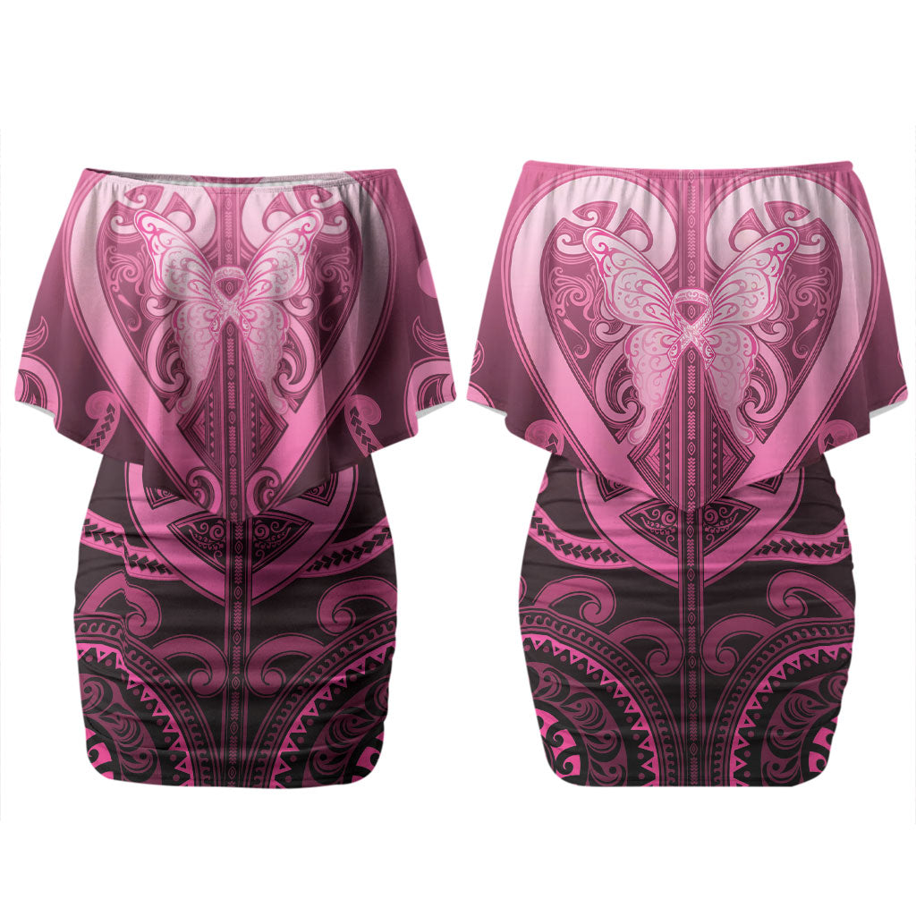 Aotearoa Breast Cancer Couples Matching Off Shoulder Short Dress and Long Sleeve Button Shirt Maori Tribal Pattern