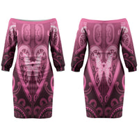 Aotearoa Breast Cancer Couples Matching Off The Shoulder Long Sleeve Dress and Long Sleeve Button Shirt Maori Tribal Pattern
