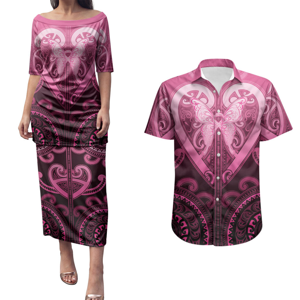 Aotearoa Breast Cancer Couples Matching Puletasi and Hawaiian Shirt Maori Tribal Pattern