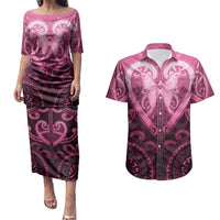 Aotearoa Breast Cancer Couples Matching Puletasi and Hawaiian Shirt Maori Tribal Pattern