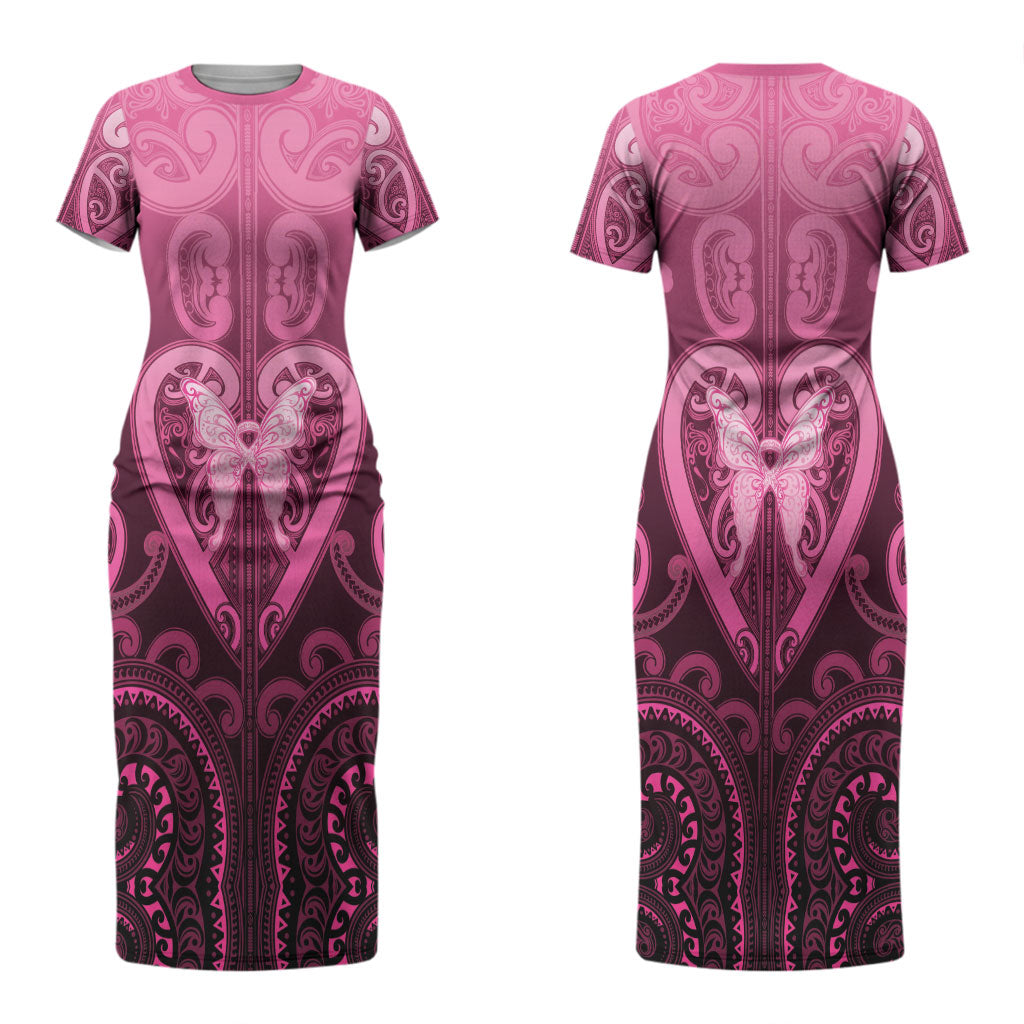 Aotearoa Breast Cancer Couples Matching Short Sleeve Bodycon Dress and Hawaiian Shirt Maori Tribal Pattern