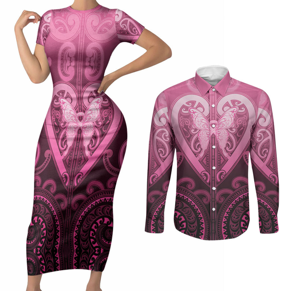 Aotearoa Breast Cancer Couples Matching Short Sleeve Bodycon Dress and Long Sleeve Button Shirt Maori Tribal Pattern
