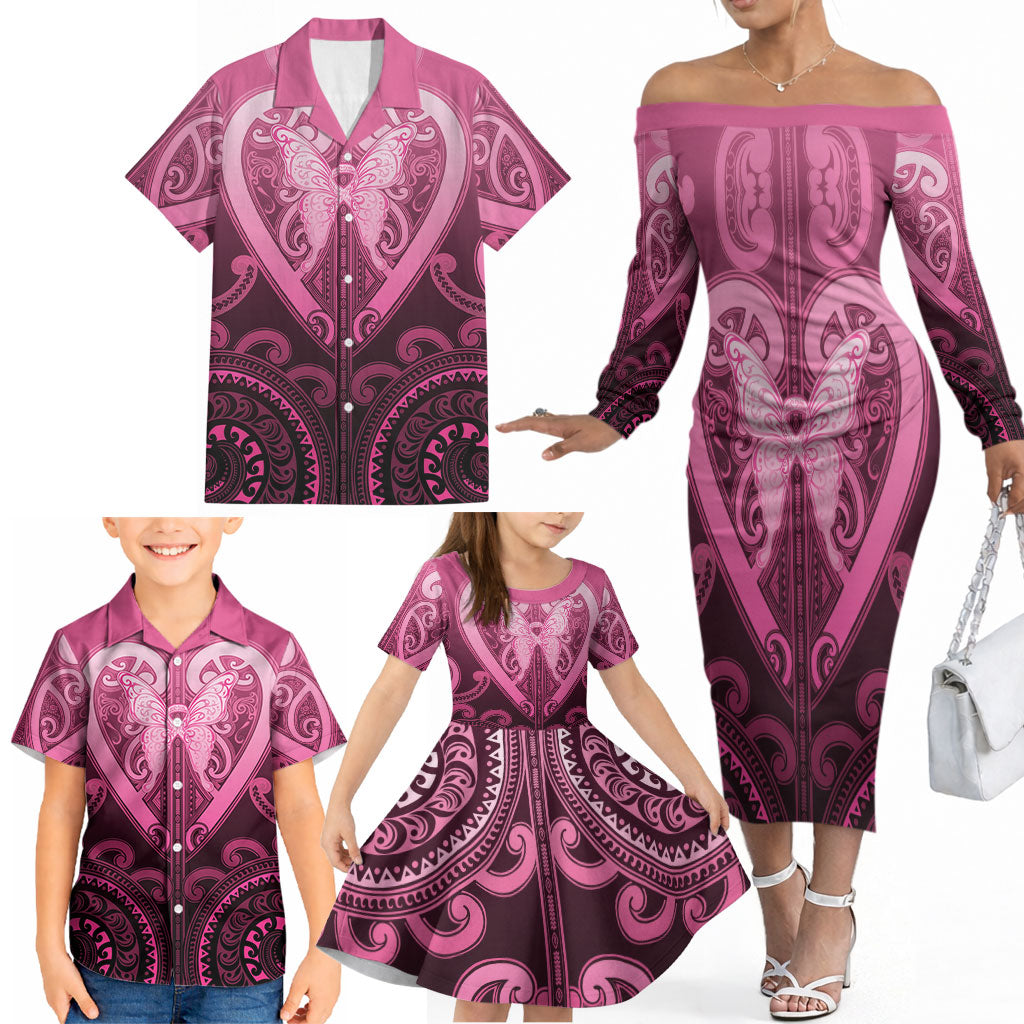 Aotearoa Breast Cancer Family Matching Off The Shoulder Long Sleeve Dress and Hawaiian Shirt Maori Tribal Pattern