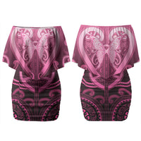 Aotearoa Breast Cancer Family Matching Off Shoulder Short Dress and Hawaiian Shirt Maori Tribal Pattern