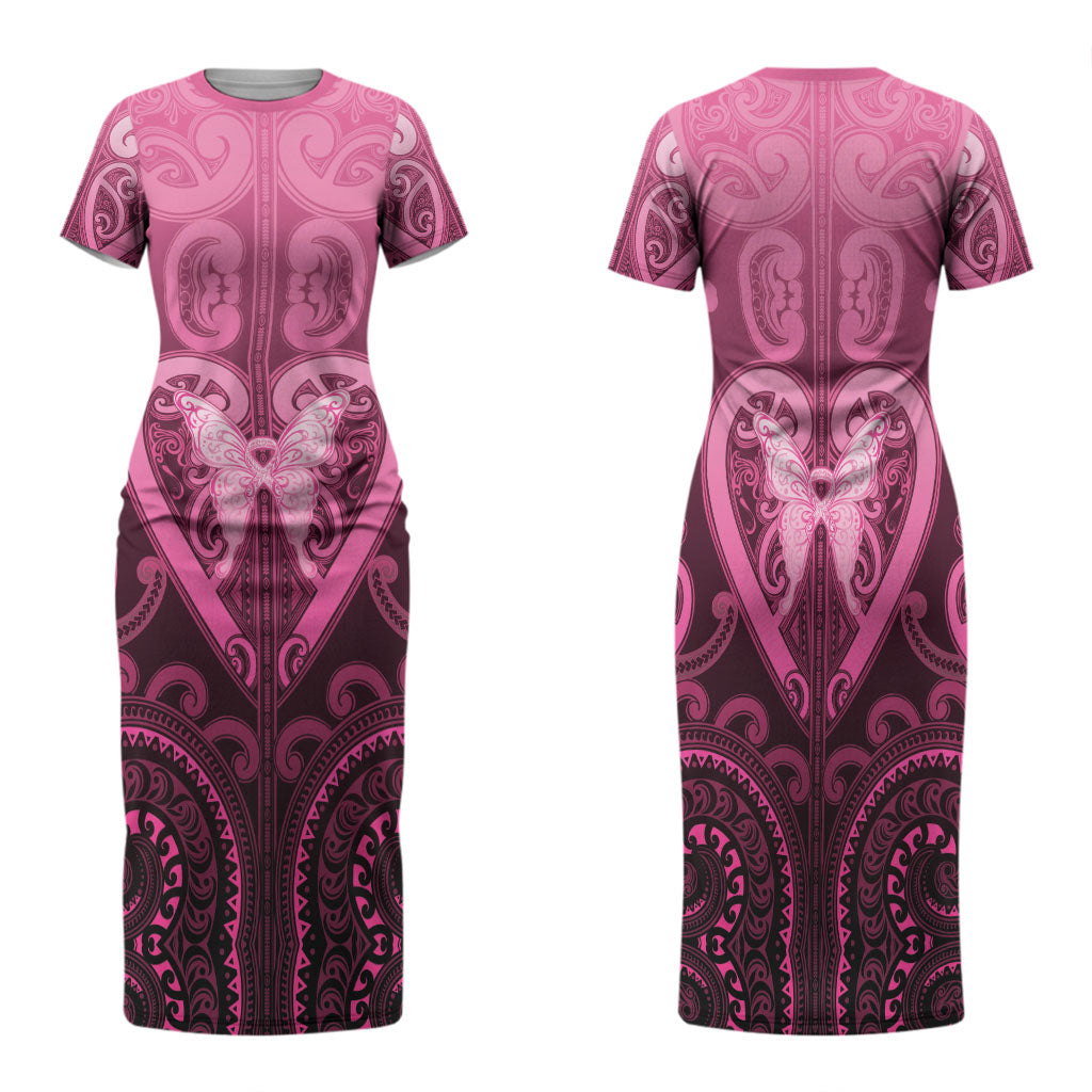 Aotearoa Breast Cancer Family Matching Short Sleeve Bodycon Dress and Hawaiian Shirt Maori Tribal Pattern