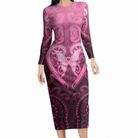 Aotearoa Breast Cancer Long Sleeve Bodycon Dress Maori Tribal Pattern