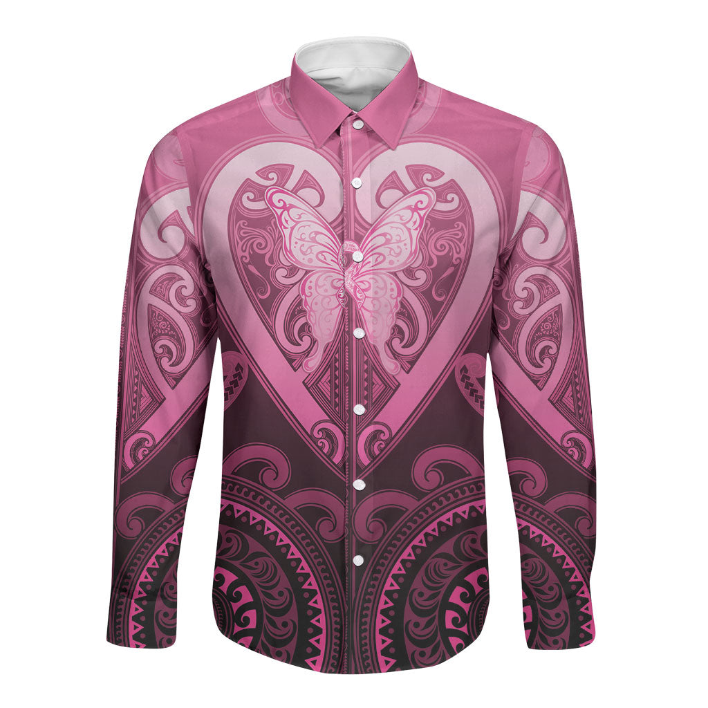 Aotearoa Breast Cancer Long Sleeve Button Shirt Maori Tribal Pattern