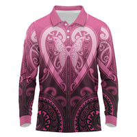 Aotearoa Breast Cancer Long Sleeve Polo Shirt Maori Tribal Pattern